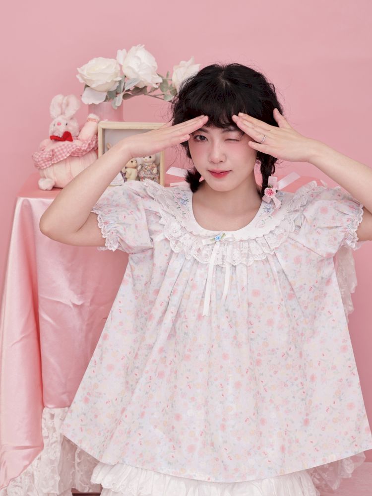 Rose pattern puff sleeve top【s0000012851】