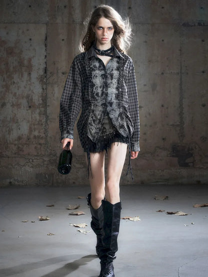 Drawstring Black-Gray Checkered Shir【s0000013959】