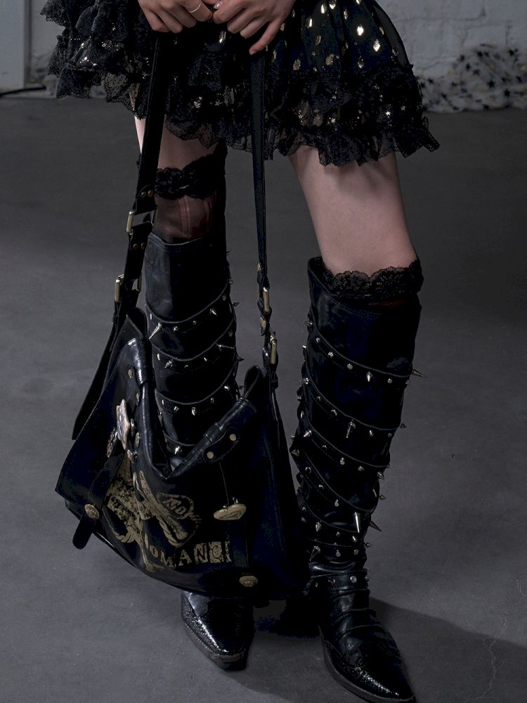 Gold foil print heavy-duty leather shoulder bag【s0000012778】