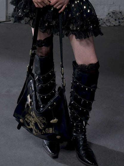 Gold foil print heavy-duty leather shoulder bag【s0000012778】