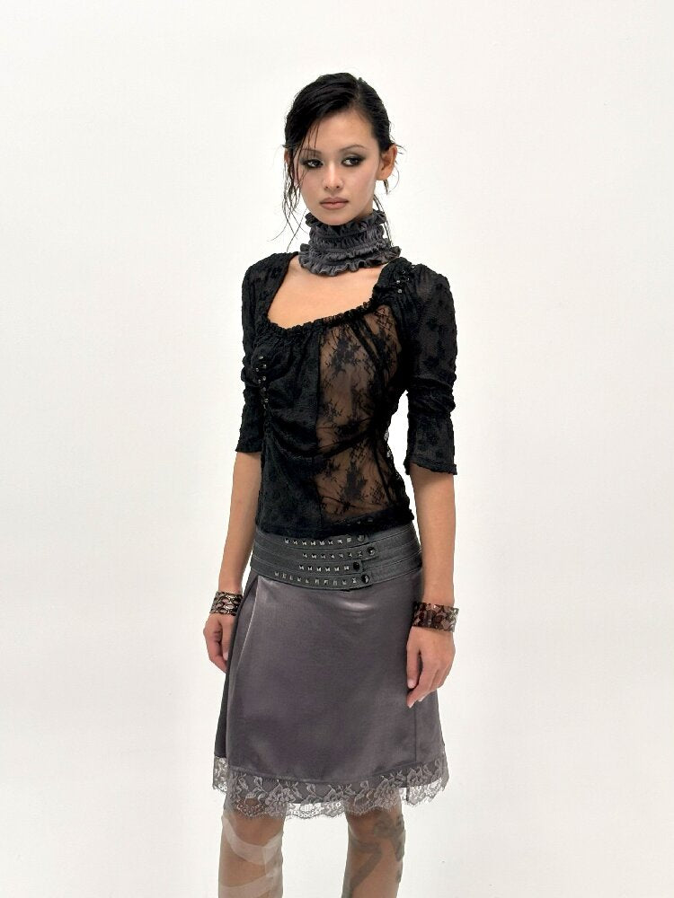 Flocked Lace Paneled Ruffled Shirt【s0000016067】