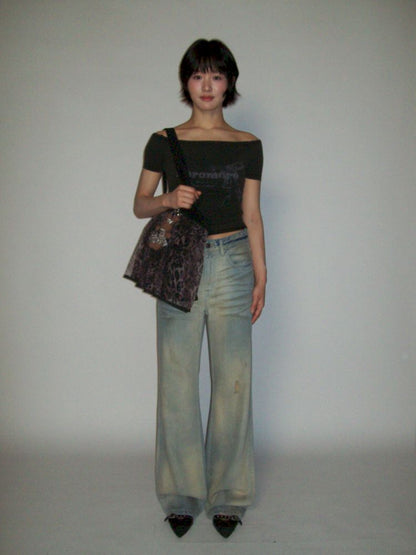 Cotton frayed high-waisted denim casual pants【s0000012501】