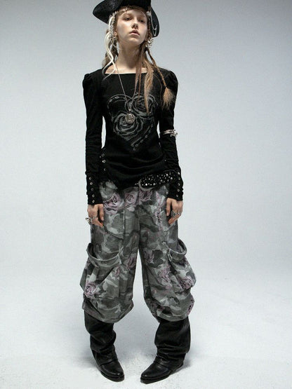 Bubble Sleeve Square Neck Printed Long Sleeve Tee【s0000011840】