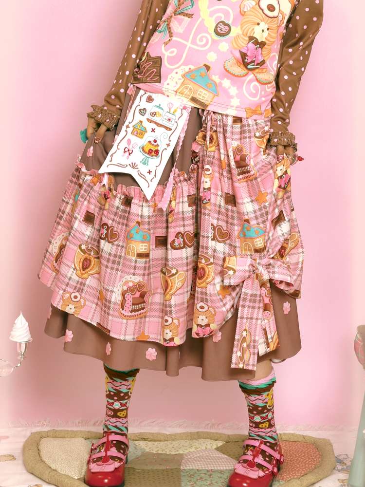 Embroidered Patch Design Bow Elastic Waist Skirt【s0000014515】