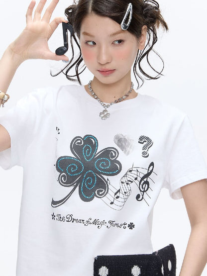 White Melody Shoulder Sleeve T-Shirt【s0000016381】