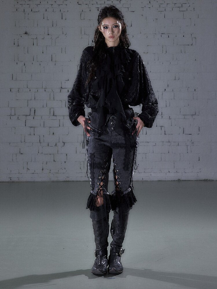 Raw Edge Lace Skinny Denim Pants【s0000016202】
