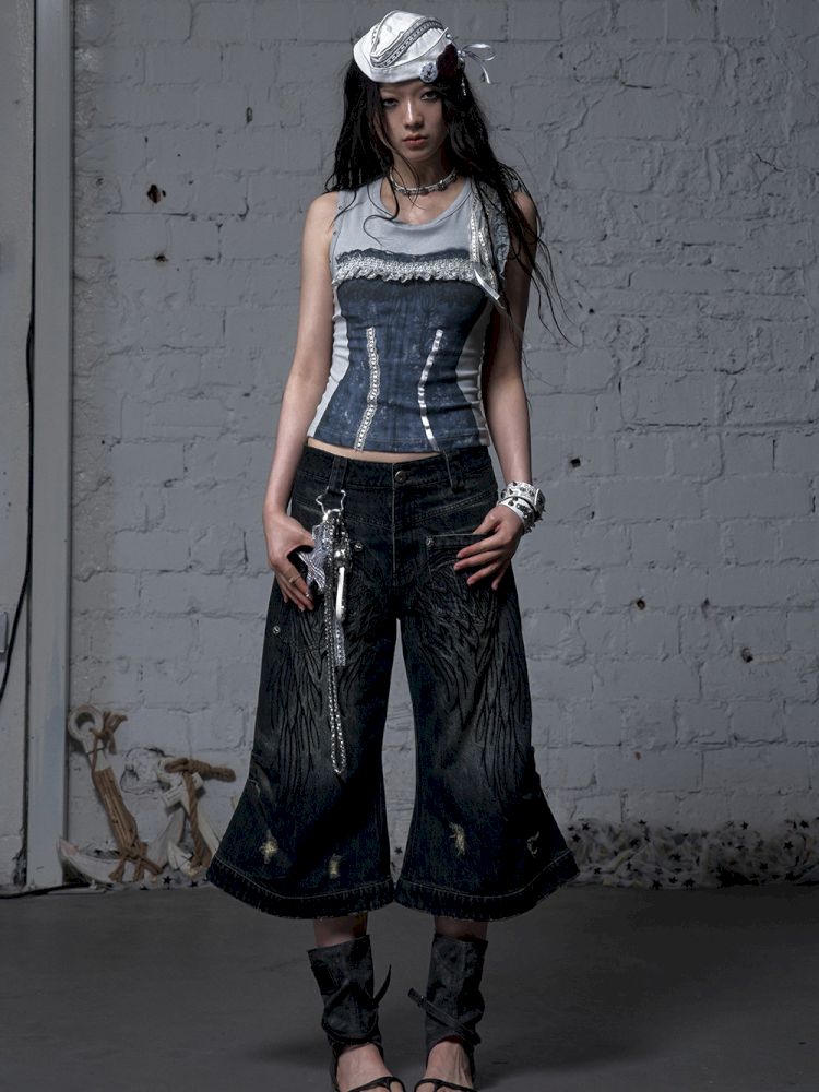 Wide-leg denim cropped pants【s0000012800】