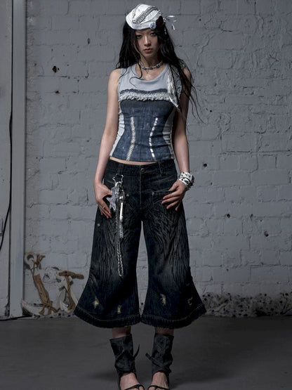Wide-leg denim cropped pants【s0000012800】