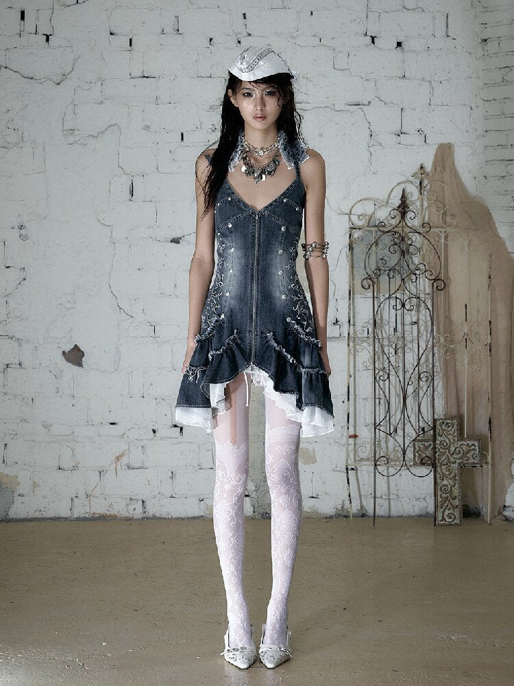 Court Embroidered Denim Mermaid Dress【s0000016983】