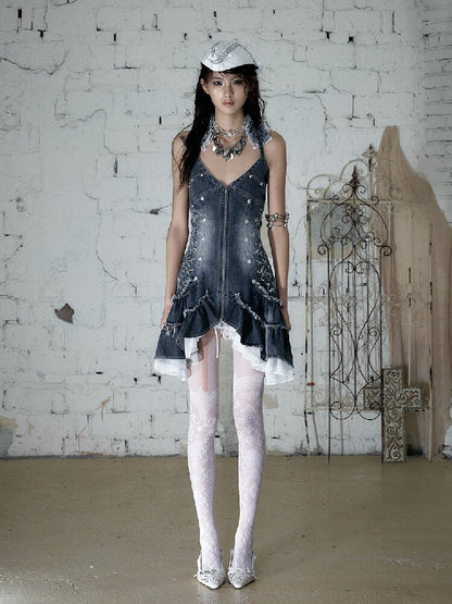 Court Embroidered Denim Mermaid Dress【s0000016983】