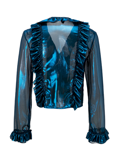 Metallic-colored broken polarized blue mesh cardigan【s0000013178】