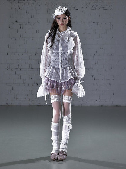 Ruffled Flocked Lace Stand Shirt【s0000016208】