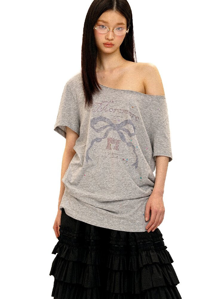Bow Print Diamond Distressed Tee【s0000016425】