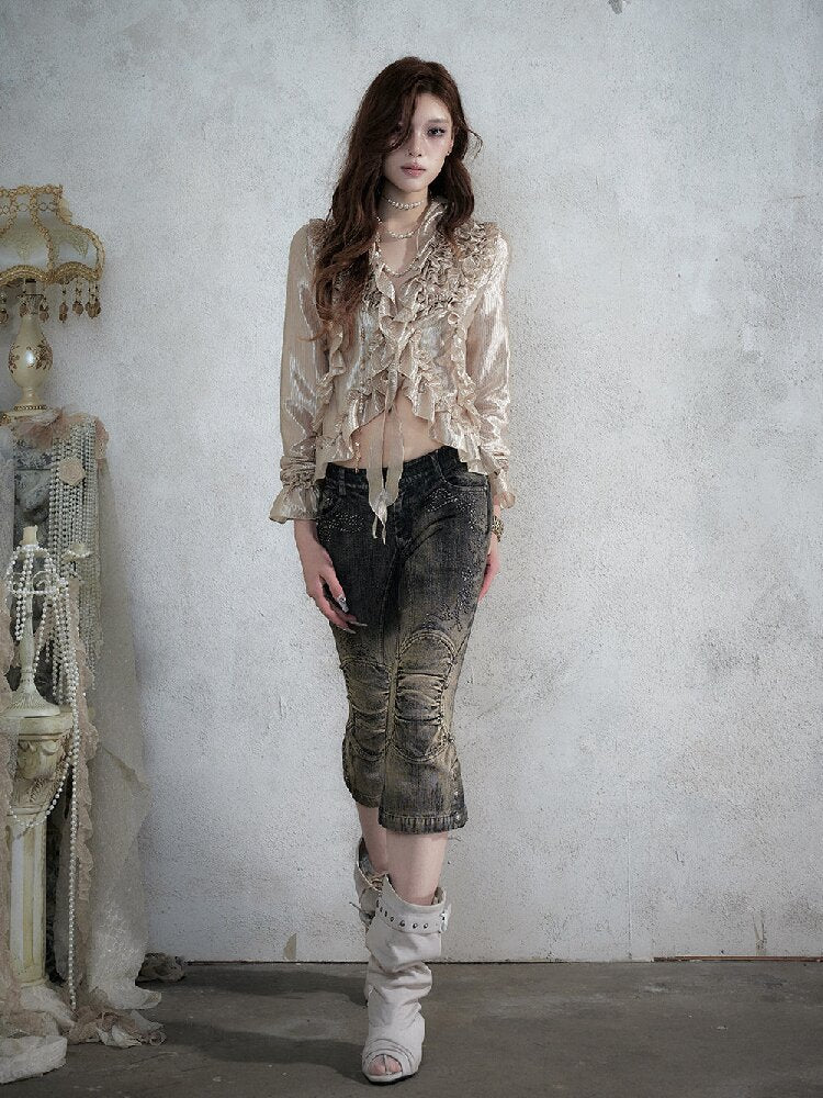 Rhinestone Three-Quarter Jeans【s0000017983】