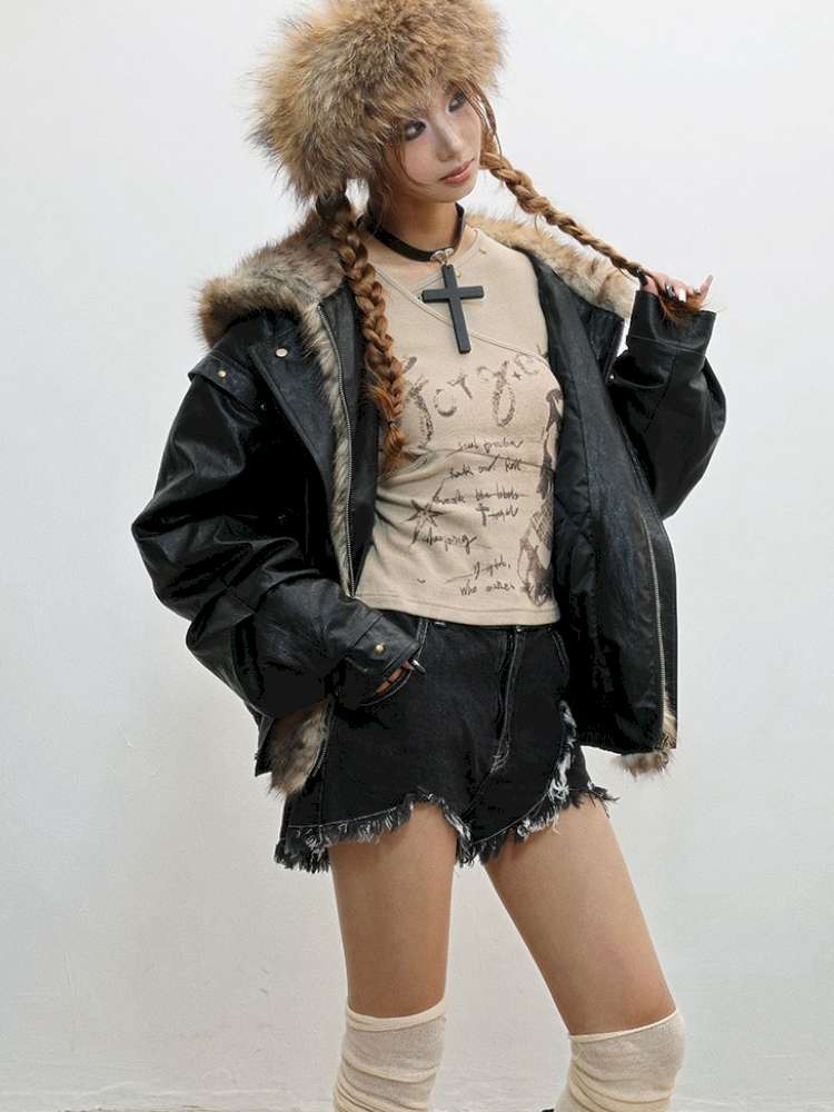 Fur Patchwork Flight Leather Jacket【s0000014838】
