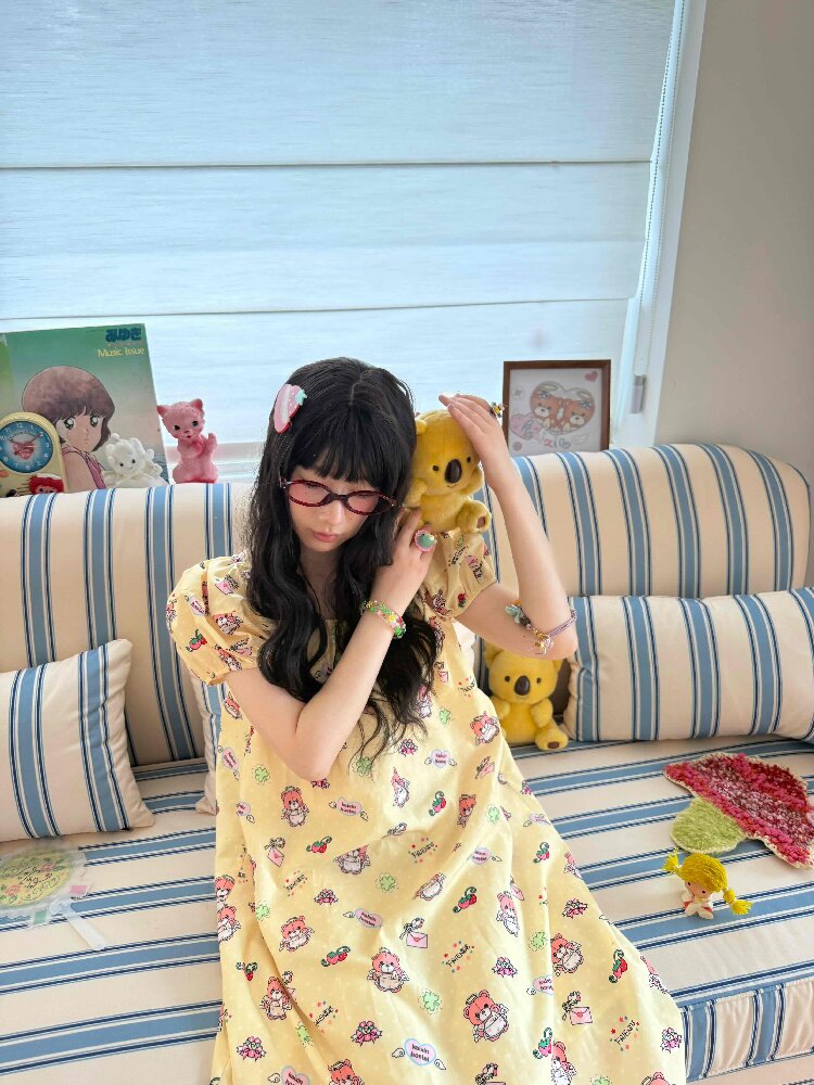 Bear Print Puff Sleeve Long Dress【s0000017512】
