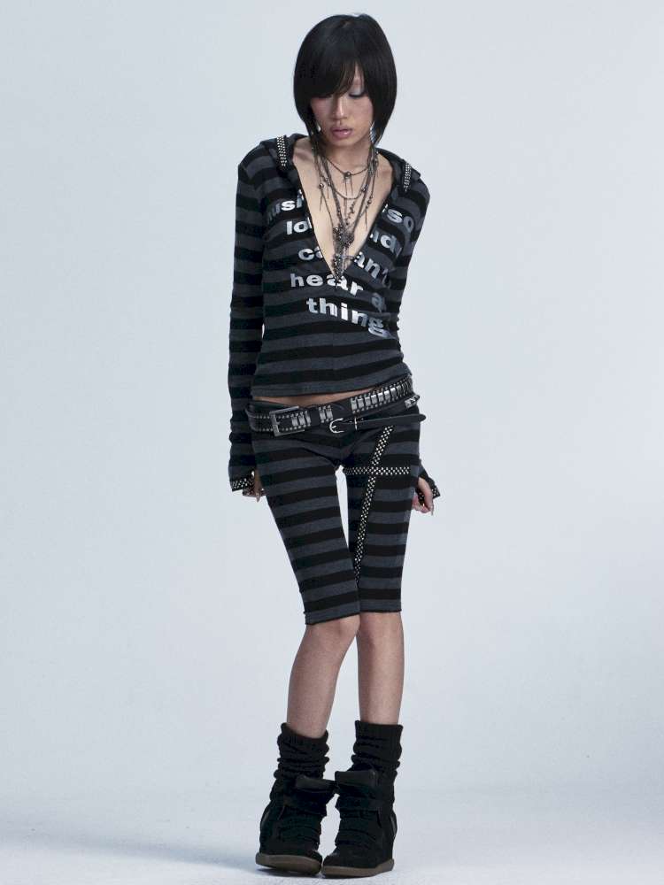 Black Gray Striped Stud Top Set【s0000014667】