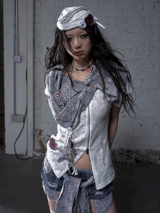 Faux two-piece distressed short-sleeved T-shirt【s0000012790】