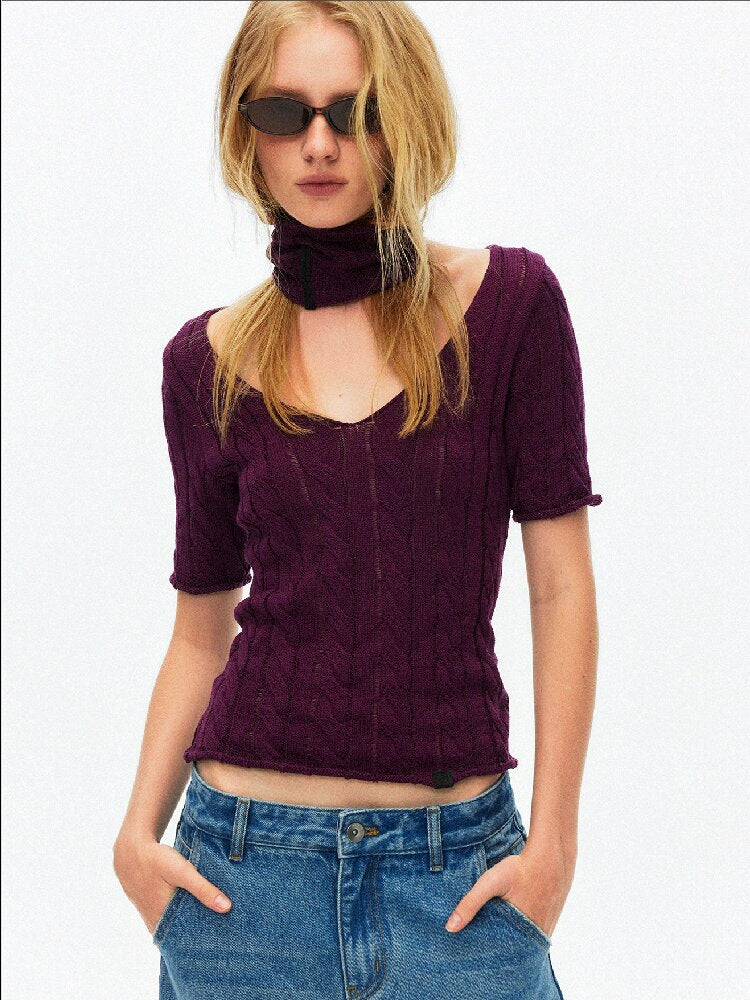 Cut Out Cable V-Neck Knit Top【s0000015928】