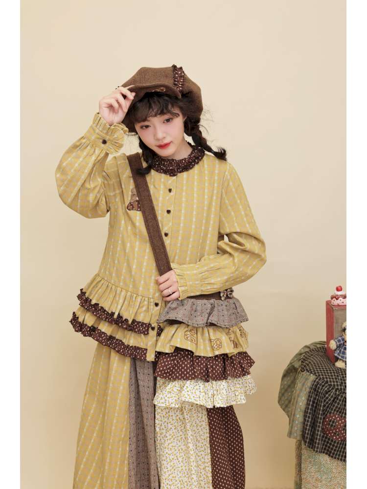 Vintage Girly Lace Bear Turmeric Shirt【s0000014839】