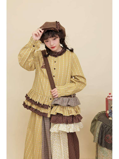 Vintage Girly Lace Bear Turmeric Shirt【s0000014839】