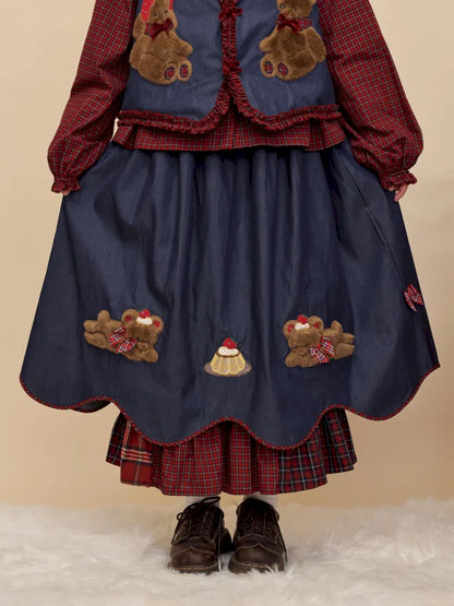 Teddy bear embroidered denim skirt【s0000014176】
