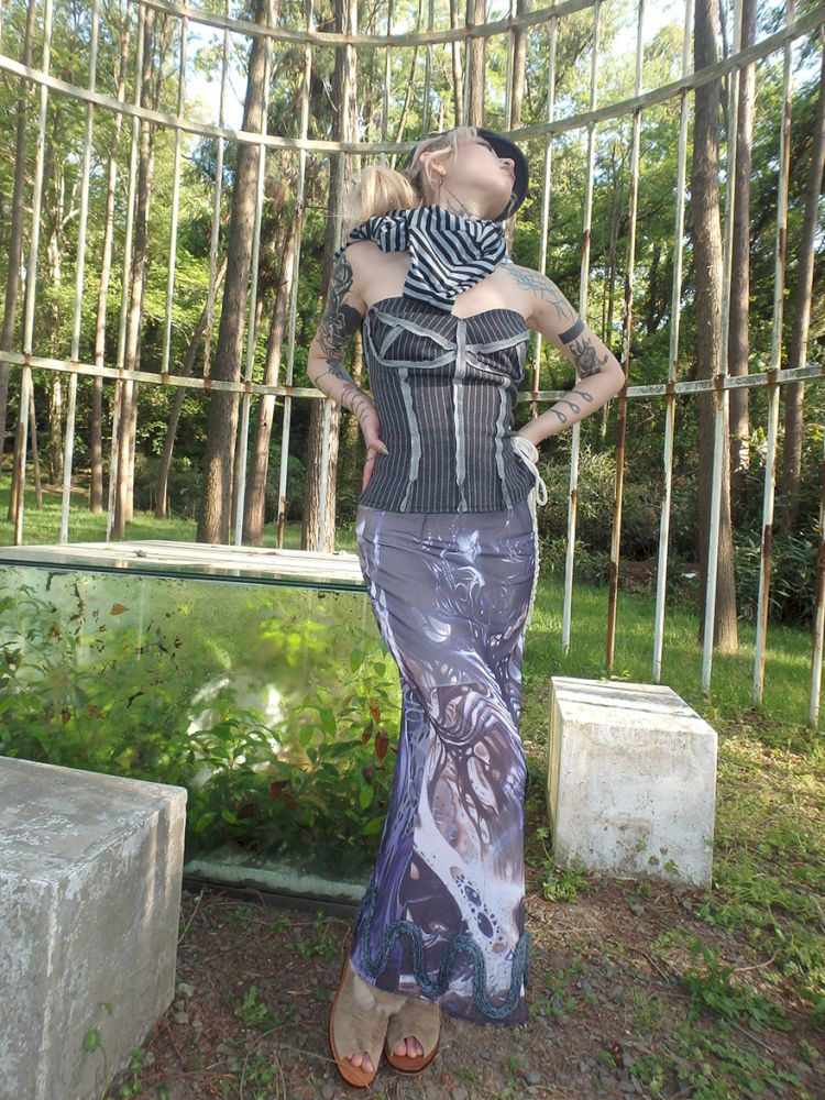 Printed Shaped Slit Mesh Half-body Dress【s0000012466】