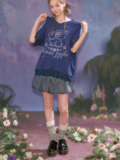 Dark Blue Rabbit Floral Lace T-Shirt【s0000016602】