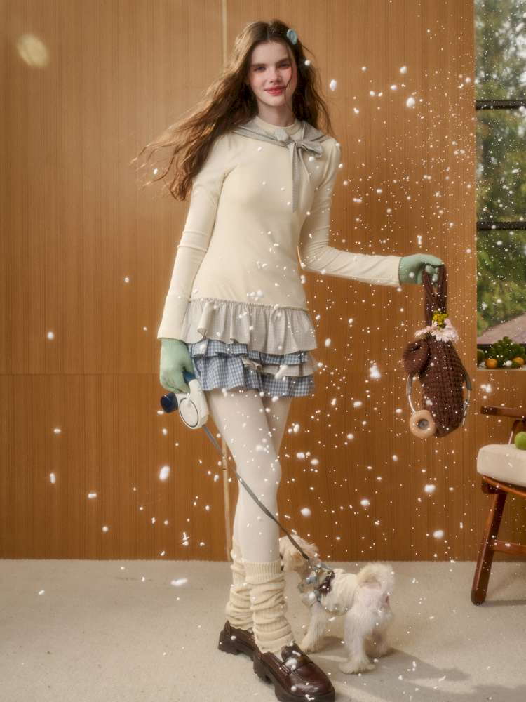 Organic Cotton Lake Blue Spliced Pleated Skirt【s0000014889】