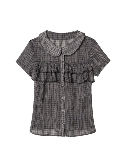 Purple Gray Doll Collar Bow Shirt【s0000015874】