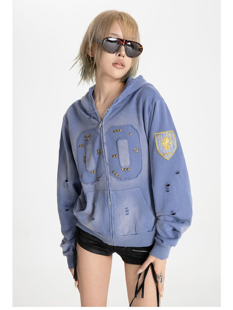 Embroidered Distressed Zipper Hoodie【s0000018569】