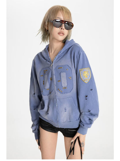 Embroidered Distressed Zipper Hoodie【s0000018569】