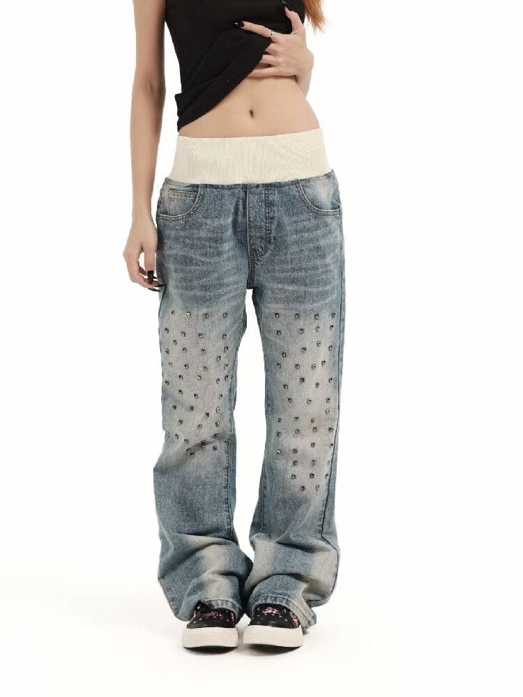Patchwork Studded Straight Jeans【s0000018362】