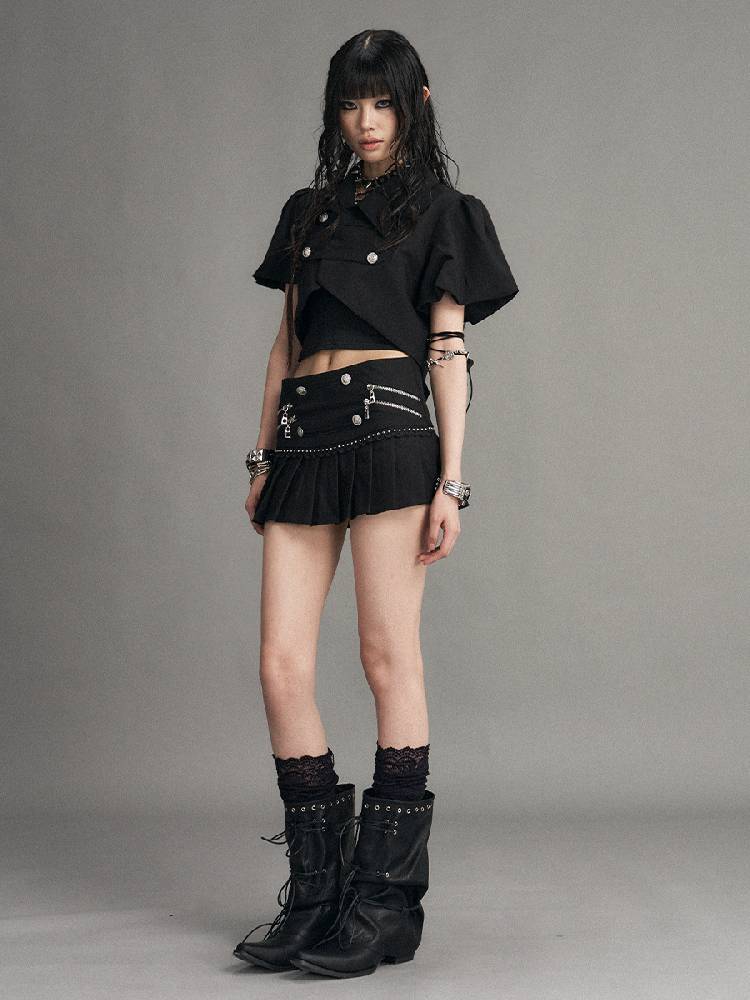 Dark Puff Sleeve Short Suit Top【s0000017524】