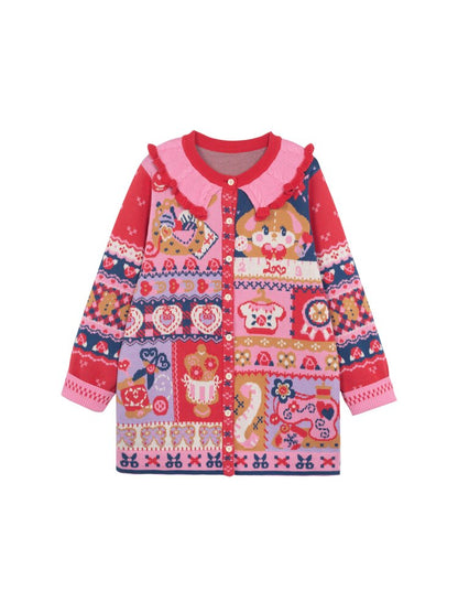 Red Navy Blue Jacquard Cardigan【s0000015570】