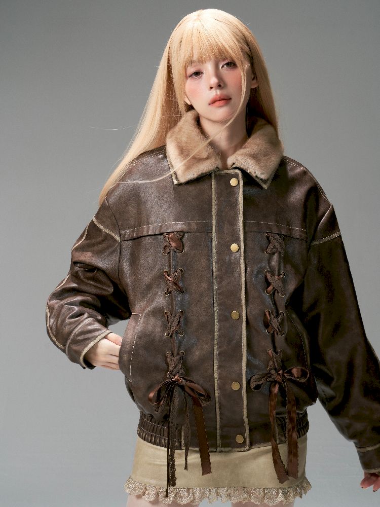 Lace Tie Brown Washed Scrub Color Fur Coat【s0000005321】