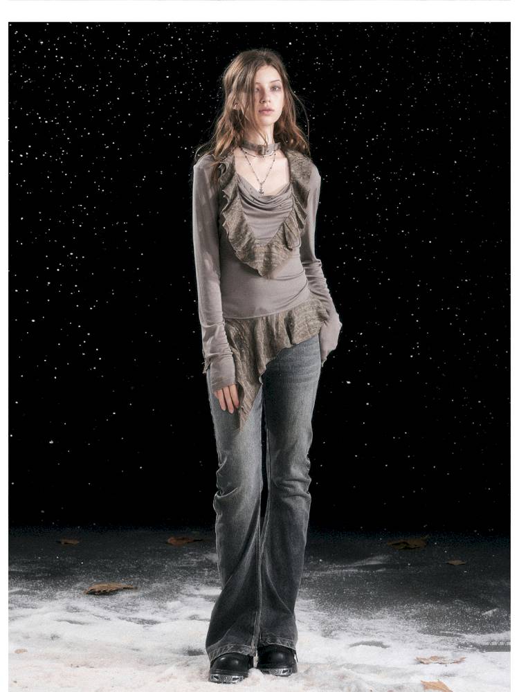 Leather-Trimmed Patchwork Pleated Jeans【s0000014424】