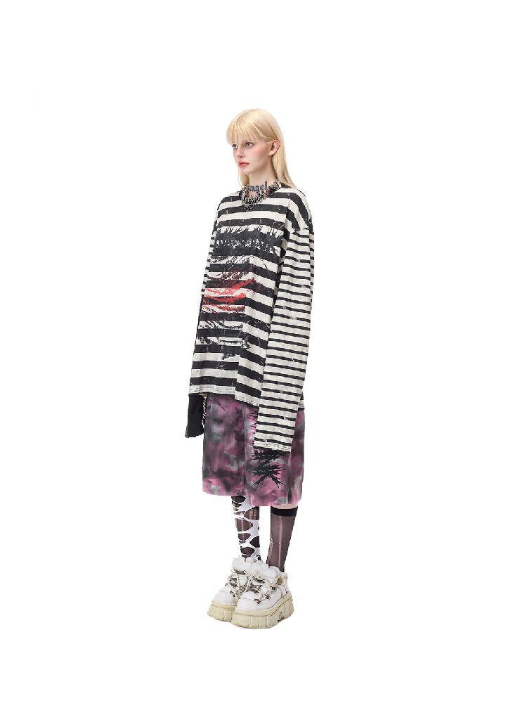 Burnt Flower Stripe Raglan T-Shirt【s0000017729】
