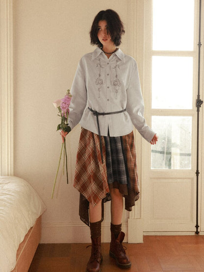 Suede Embroidered Lantern Sleeve Top【s0000015461】