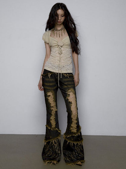 Low Waisted Two Wear Flared Jeans Jeans【s0000009381】