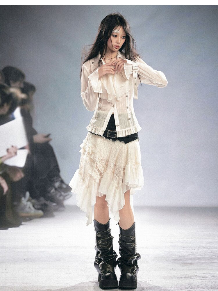 Gothic Pleated Ruffled Slim Shirt【s0000015450】