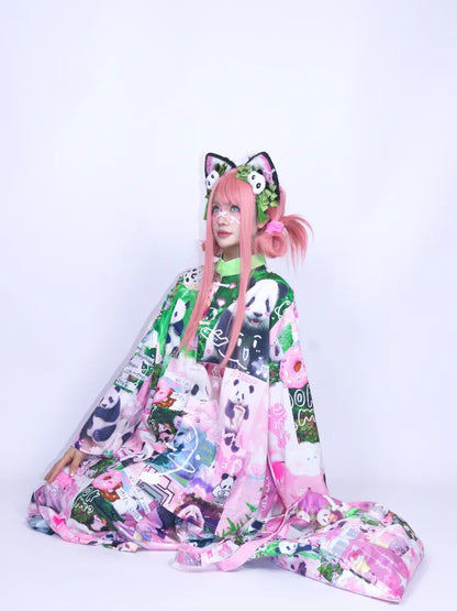 Panda Collage Print Stand Collar Long-Sleeve Top【s0000013981】