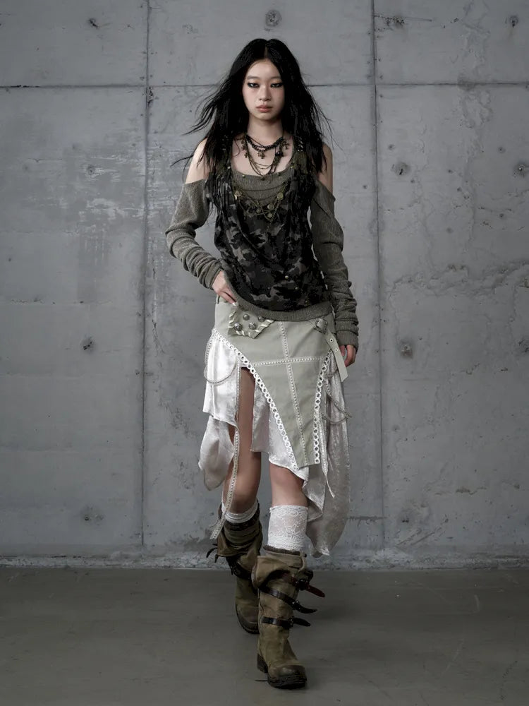 Asymmetric Leather-Satin Skirt【s0000013944】