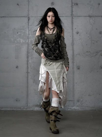 Asymmetric Leather-Satin Skirt【s0000013944】