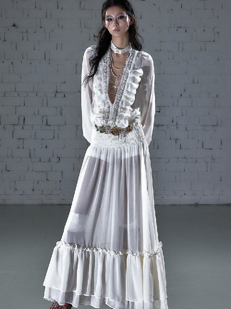 Shirring Deep V Chiffon Dress【s0000015932】