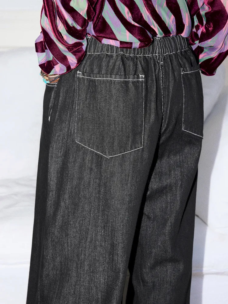 Washed elastic-waist wide-leg long jeans【s0000013990】