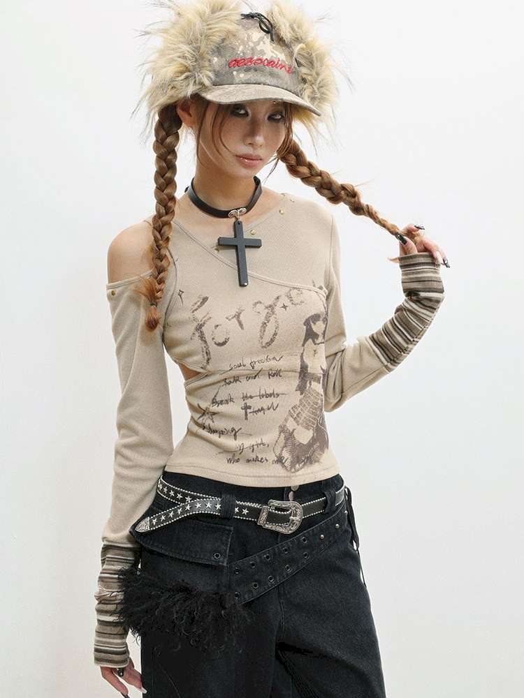 Slim Hot Girl Off-Shoulder Patchwork Shirt【s0000014830】