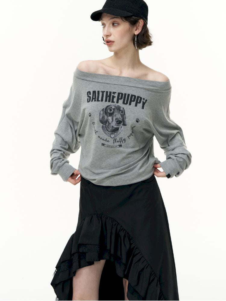 Puppy Printed Slant Shoulder Long Sleeve T-Shirt【s0000013744】