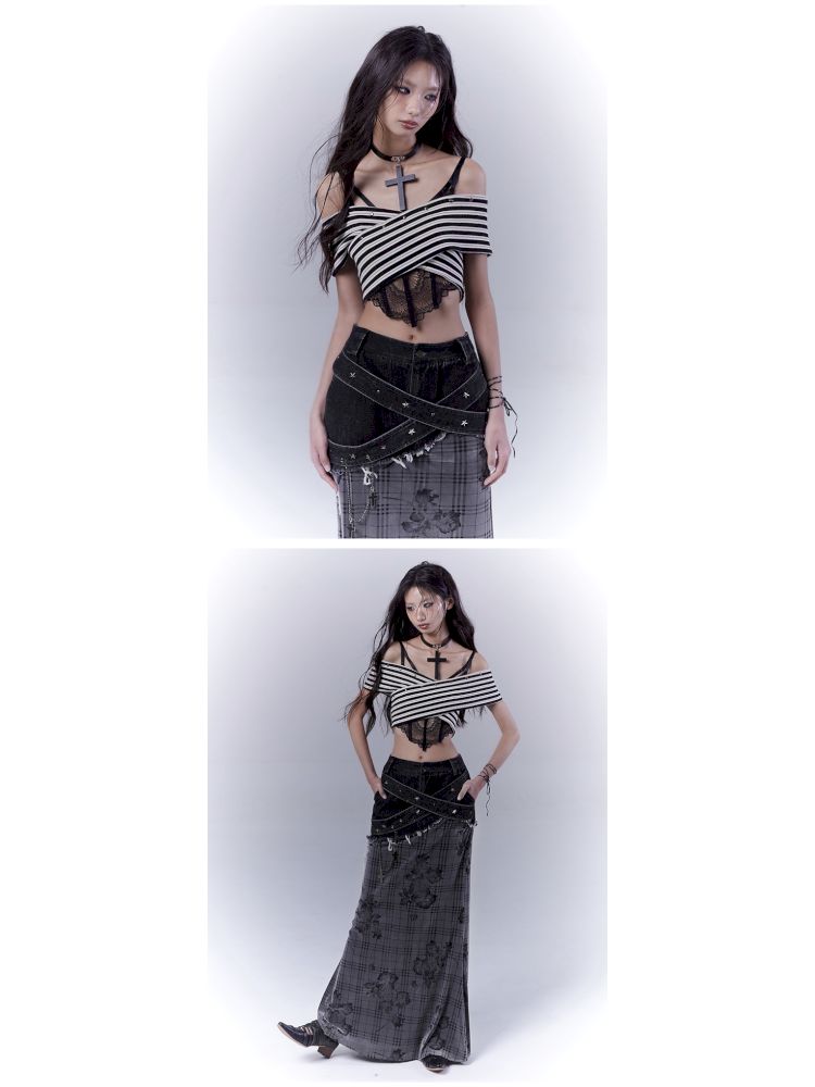 One-shoulder striped hot bustier top【s0000012839】