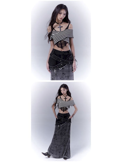 One-shoulder striped hot bustier top【s0000012839】